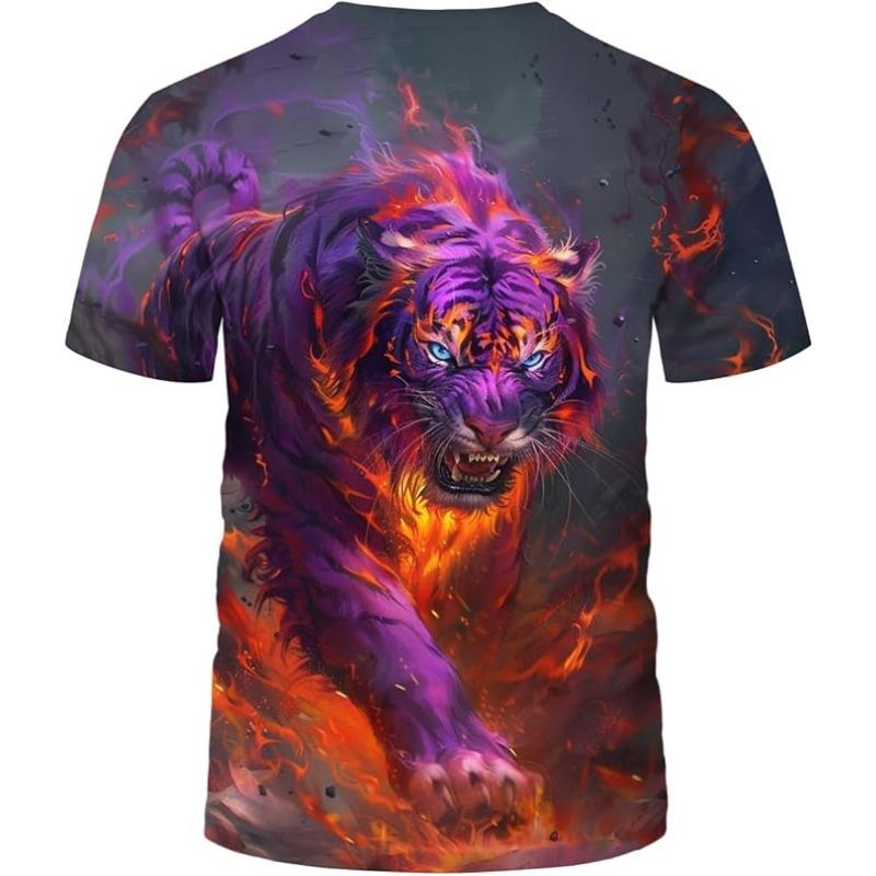 Men's Summer 3D T-shirt Fashionable Casual Loose Pattern Animal Tiger Print Round Neck Short Sleeved T-shirt Top