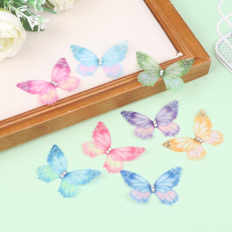 50Pcs 3D Organza Fabric Butterfly Appliques Gradient Color Double-Layer Simulation Mesh Butterfly Patch Translucent