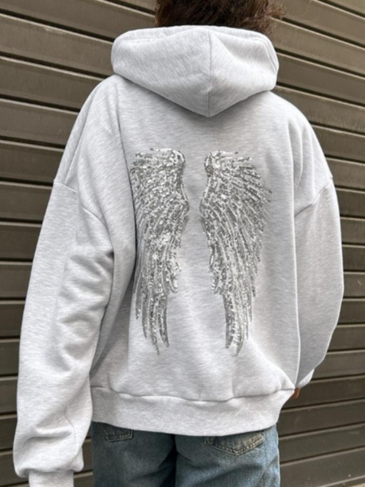Y2K Retro Wings Sequin Hoodie Angel Wings Ornament Sweatshirt Harajuku Sweet Lady Casual Streetwear Relaxed Fit Pullover Coat