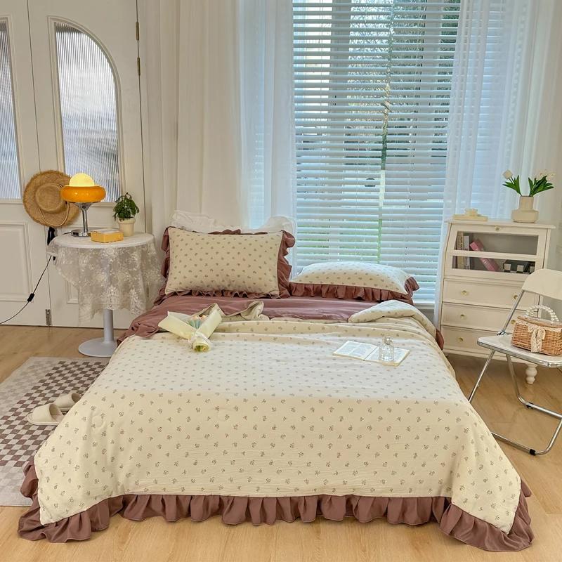 Niedliches Cartoon-Kaninchen Bettwäsche-Set Queen Rosa Tulpenblumen Sommer Dünne Steppdecke Weiche Botanische Blumensteppdecke mit 2 Kissenbezügen