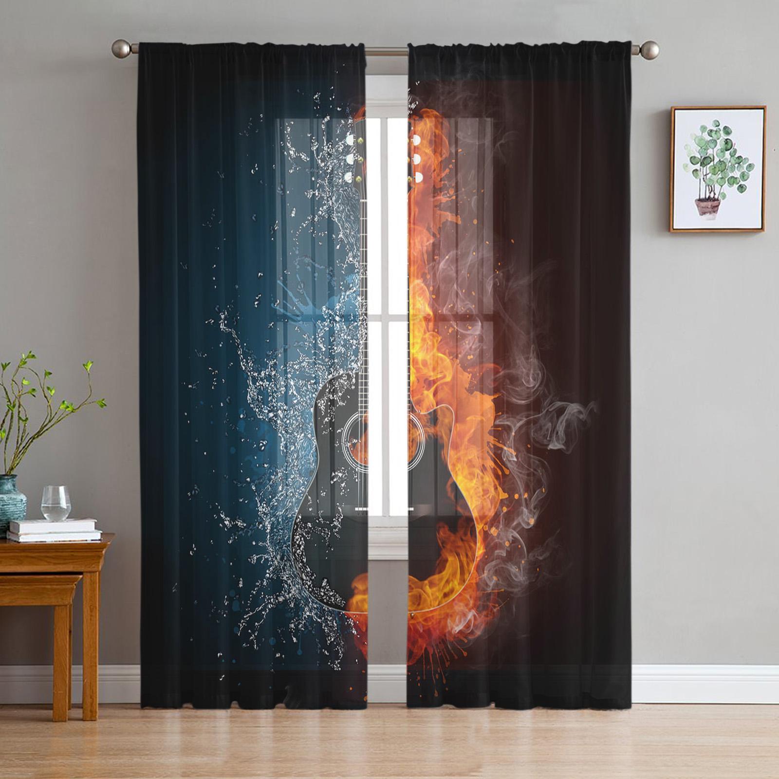 

Rock Music Speaker Guitar Tulle Sheer Curtains Ideal for Living Room Decoration Window Curtain Ideal for Bedroom Sheer Fabric Organza Drapes W135 x H115cm x1&Rod Pocket