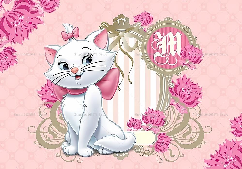 Beautiful cat Marie birthday background poster, cartoon white cat theme for girls birthday party decorations, photo background accessories.