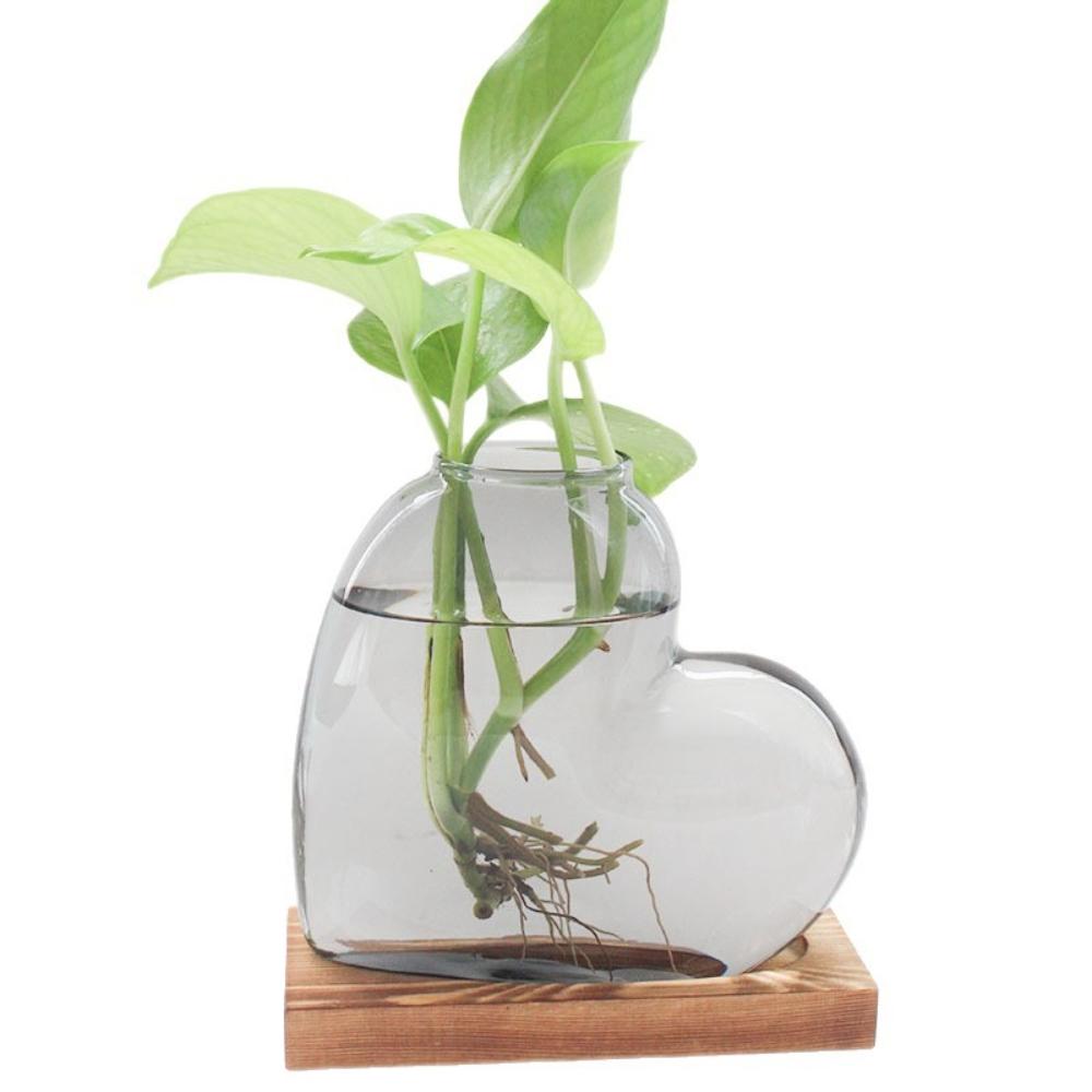 Colorful Love Shaped Glass Vase with Wooden Hydroponic Flower Plants Vase Desktop Ornament Living Room Office Decoration