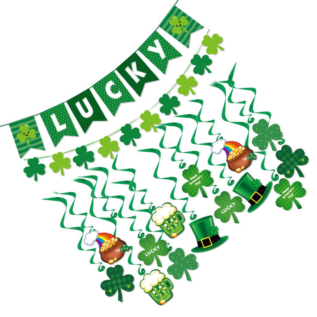 Saint Partick Day Lucky Banner Set Wall Hanging Sign Ceiling Swirls Sign Green Streamers Hanging Ornament Party Supplies