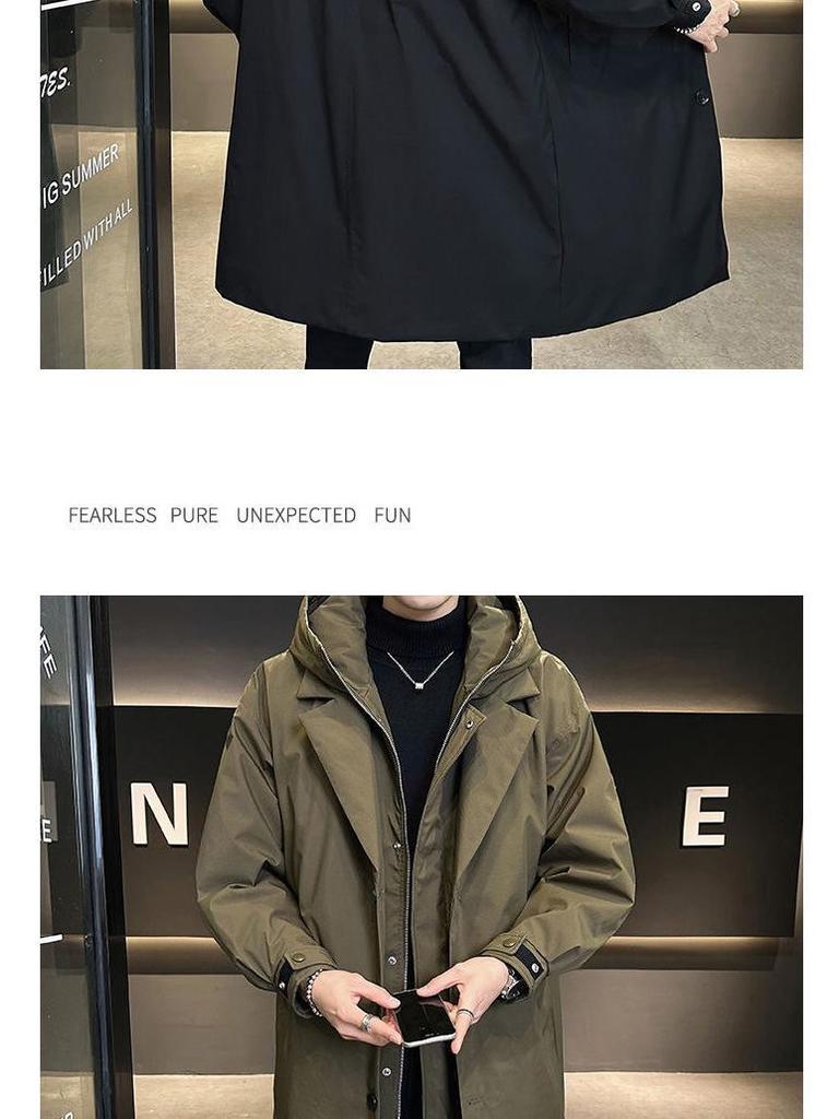 Men's Winter Hooded Mid-Length Down Jacket, Faux Two-Piece Windbreaker, Trendy Thickened Plus-Size Coat