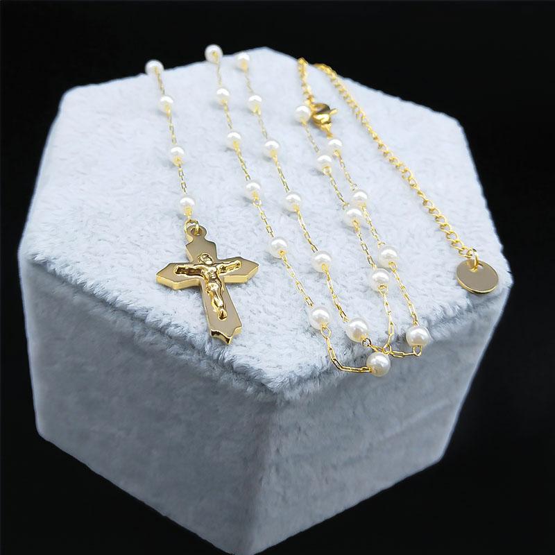 Cross Rosary Catholic Multilayer Necklace Saint Benedict Medal Beads Stainless Steel Silver Color Long Necklaces Jewelry N1172S0