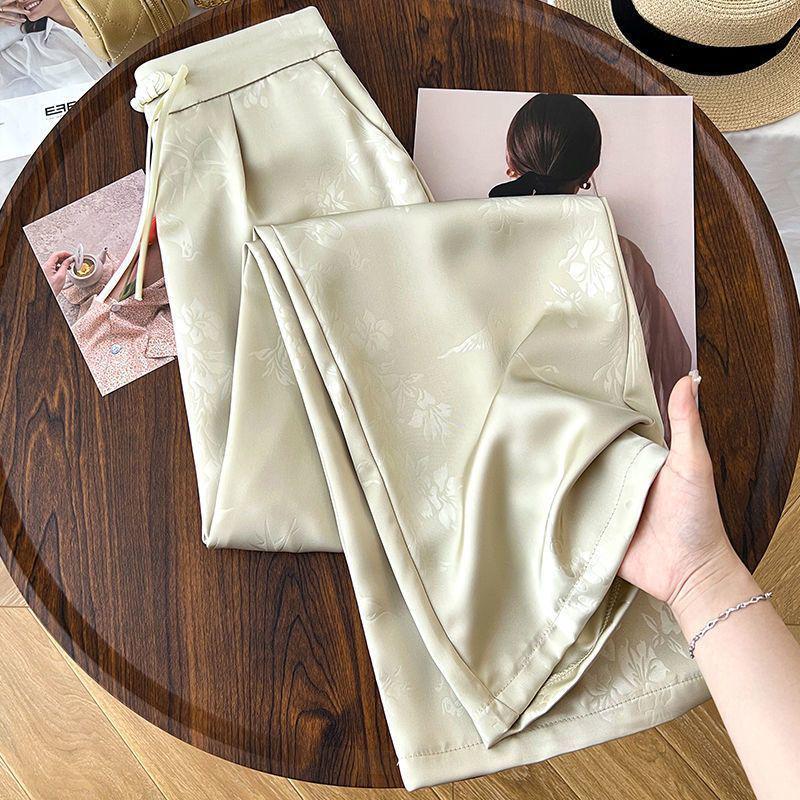 Women's Summer High-Waist Wide-Leg Ice Silk Pants - Chinese Style, Slimming, Plus Size, Casual and Breezy.