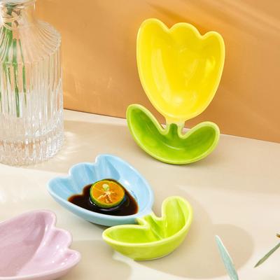 Tulip Flower Ceramic Dish Cute Petal Dipping Dish Seasoning Small Dish With Handle Sauce Vinegar Seasoning Sauce Snack Plate