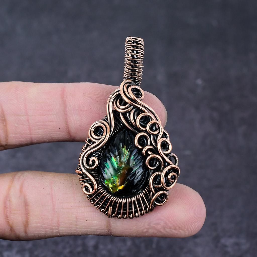 Carved Ammolite Gemstone Handmade Copper Wire Wrap Jewelry Pendant 2.2" q4R39