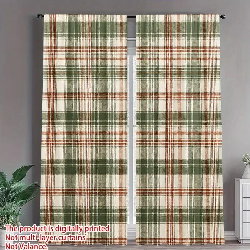 Set Of 2 Green Checkered Curtains Design Protecting Privacy Suitable Decorating Various Scenes Curtain With Pole Pocket Polyester