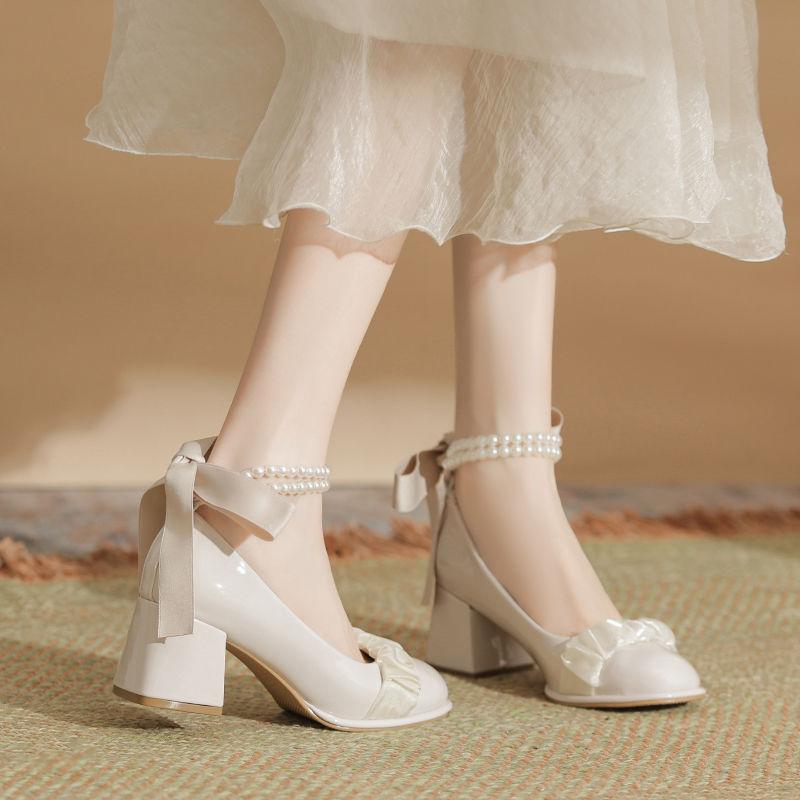 White High Heels Thick Heel Single Shoes Women's 2025 New Versatile Cheongsam Bridesmaid Shoes Daily Wear Mary Jane Shoes