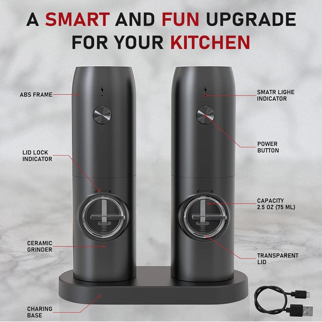 Rechargeable Electric Salt And Pepper Grinder Set with Charging Base Stainless Steel Automatic Salt Pepper Grinder Spice Mill