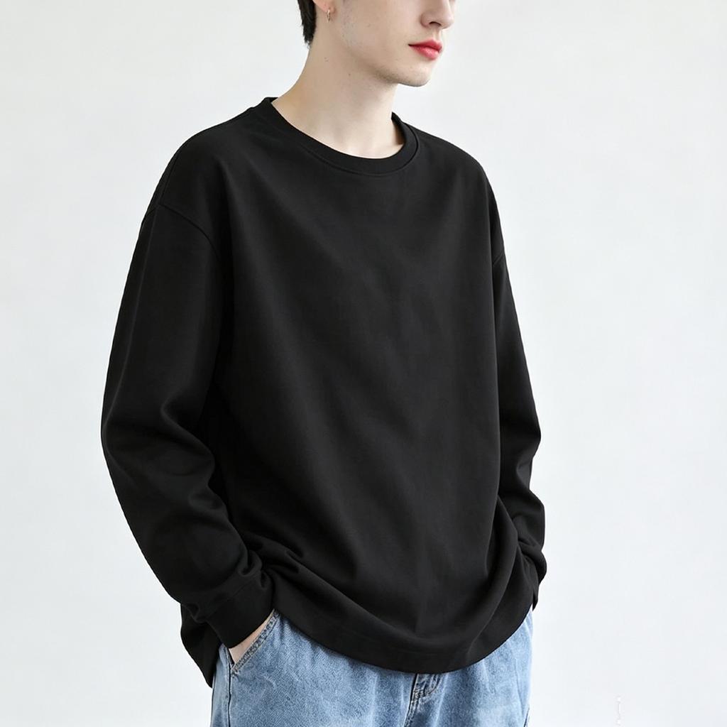 Classic Mens Big and Tall Shirts Cotton Long Sleeve Crewneck Casual Tops Plus Size Basic Tee Shirts Business Loose Men T-shirt