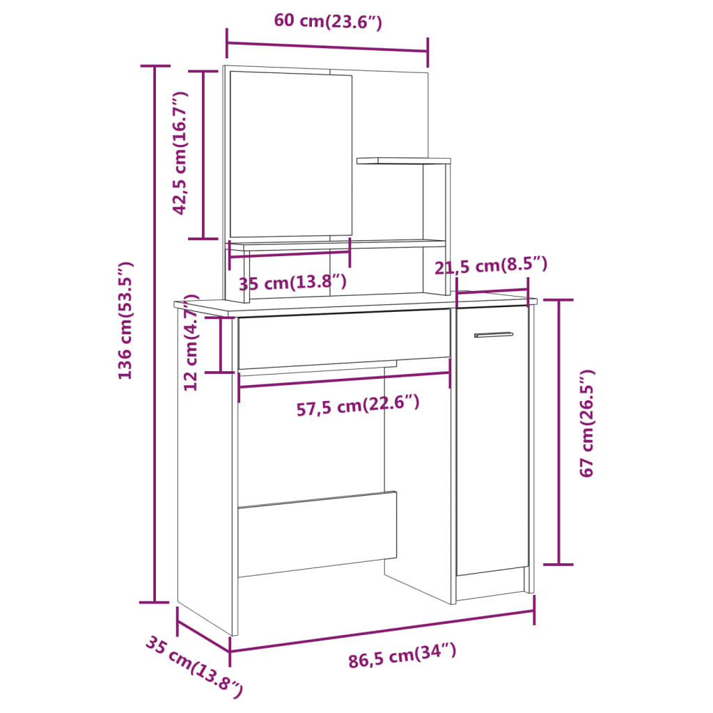Schminktisch mit Spiegel im Schlafzimmer, Stauraum, Stauraum mit Tür, eine Schublade, zweistufiges Regal, 86,5x35x136 cm