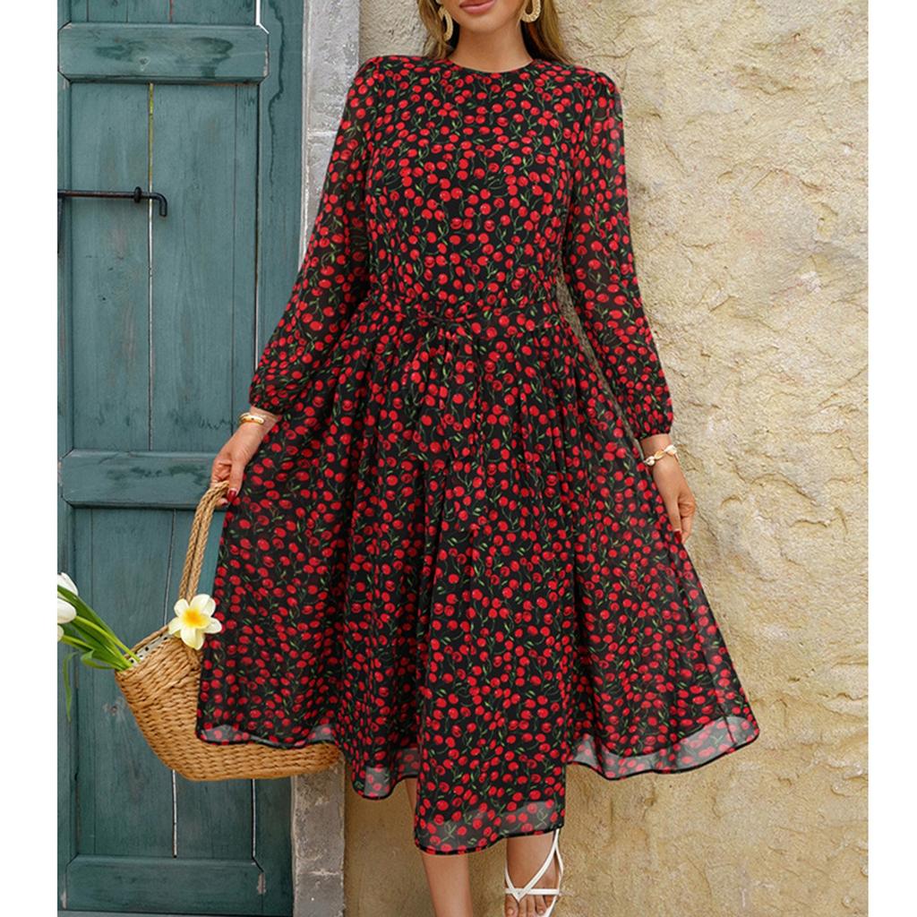 Women's Casual And Fashionable Floral Tie Waist Dress Fashionable Floral Tie Waist Dress