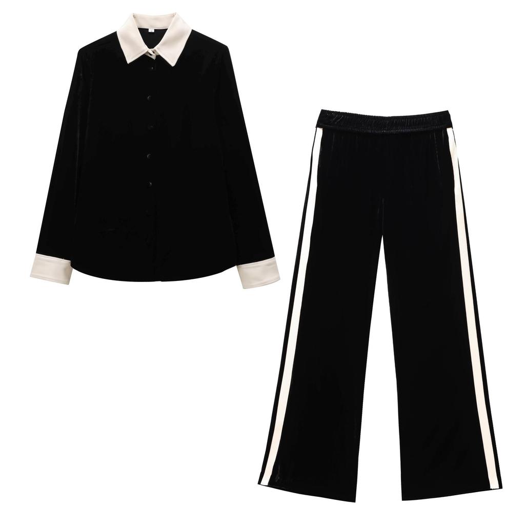 2024 Winter New Women's Velvet Long Sleeve Shirt & Casual Pants - European/American Style