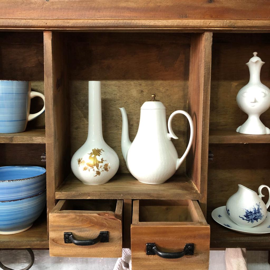 Rustic wooden wall cabinet with drawers and hooks
