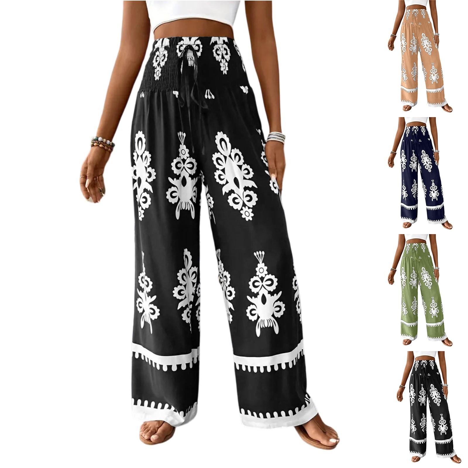 

Women s Casual Loose Spring And Summer Fashion Pants High Waist Printed Wide Leg Pants L хакі
