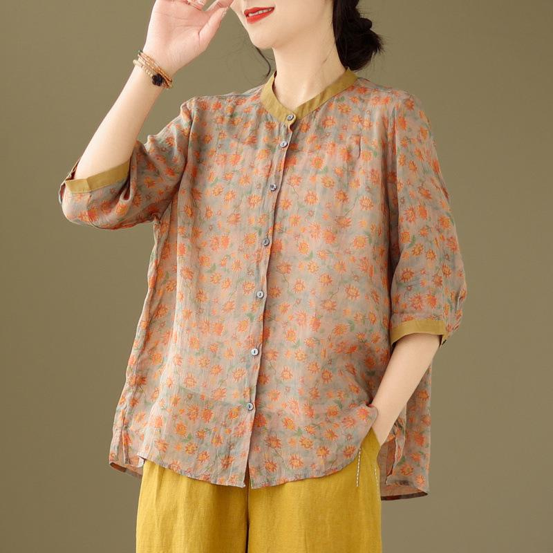 

2026 Korean-Style Plus Size Slimming Retro Print Cotton-Linen Two-Piece Summer Set for Women M