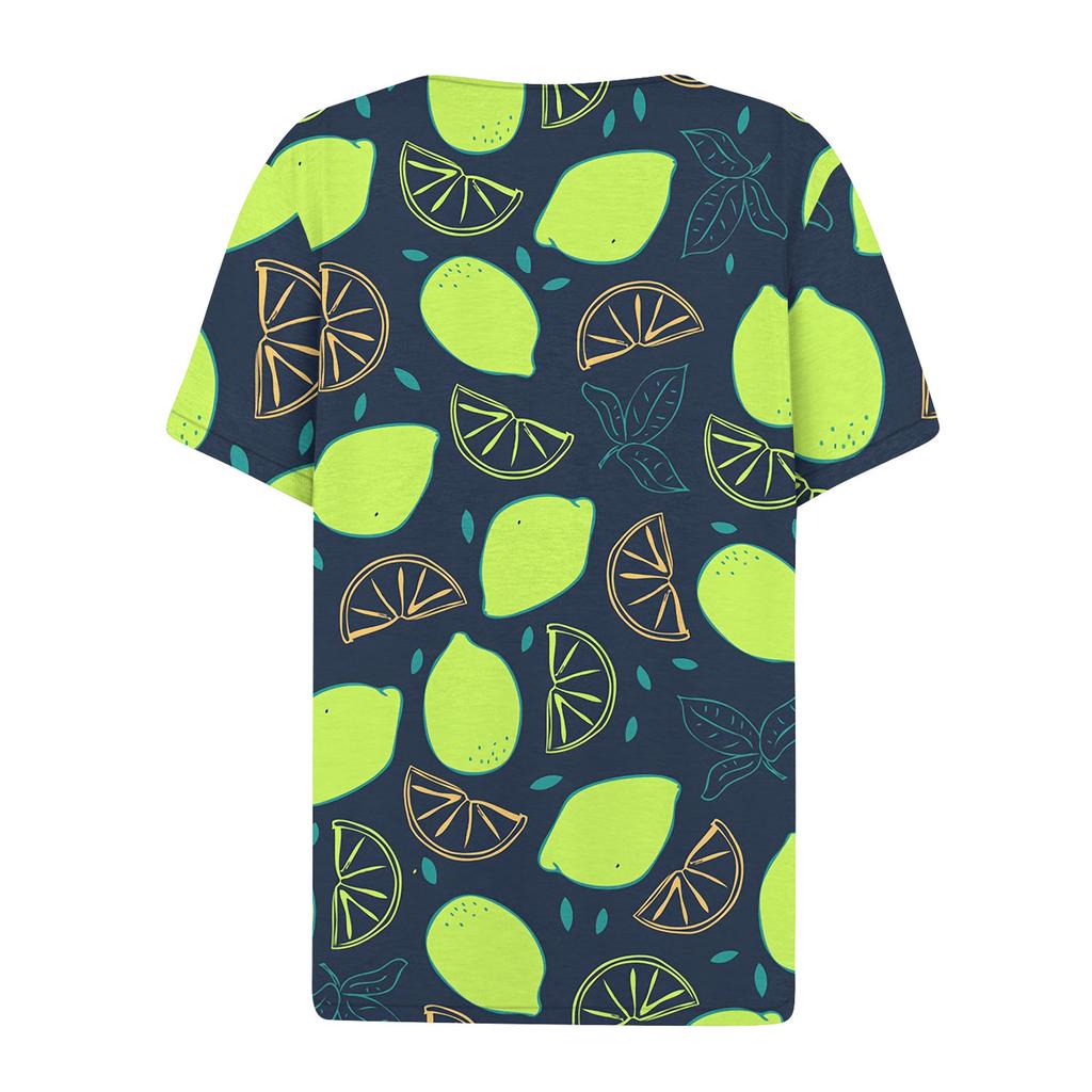 Women's Casual Fruit Printed V-Neck Short Sleeve Decorative Button T-Shirt Top