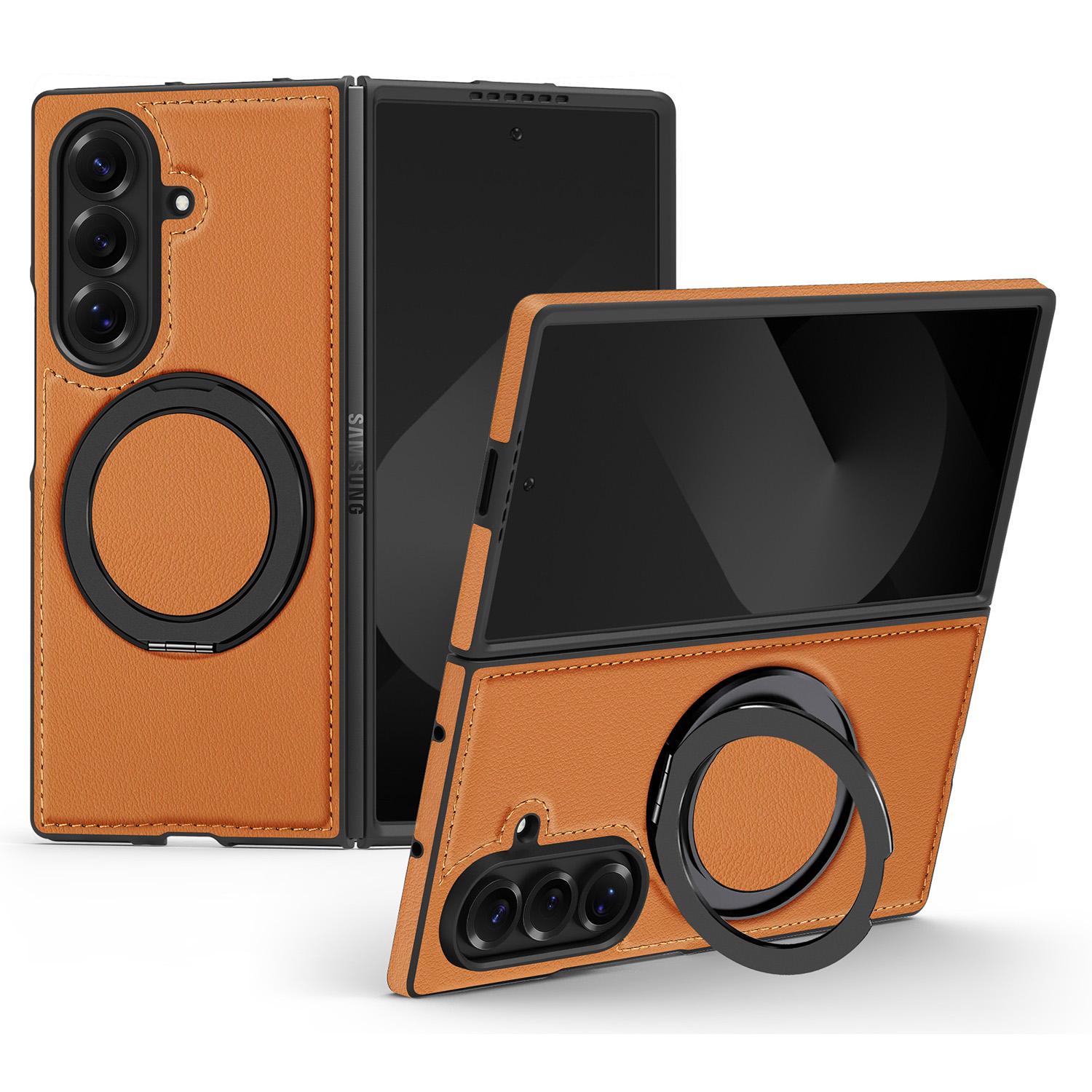 

For Samsung Galaxy Z Fold7 5G Case with Ring Kickstand Compatible with MagSafe PU Leather Back Cover Brown
