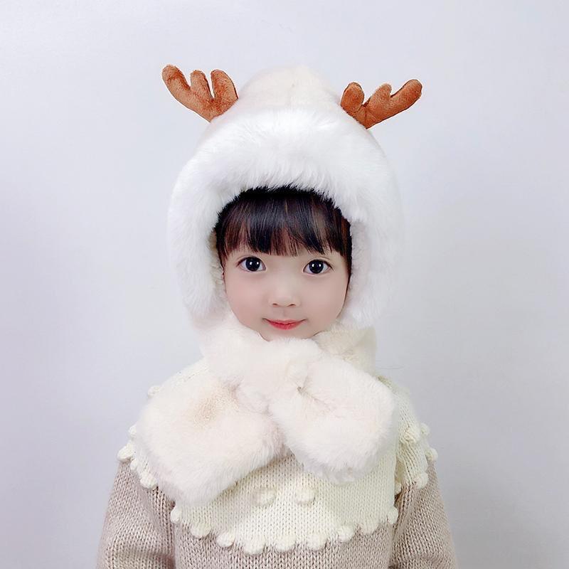 Winter new children's hats and scarves integrated boys and girls warm plush baby antlers ear hat cartoon