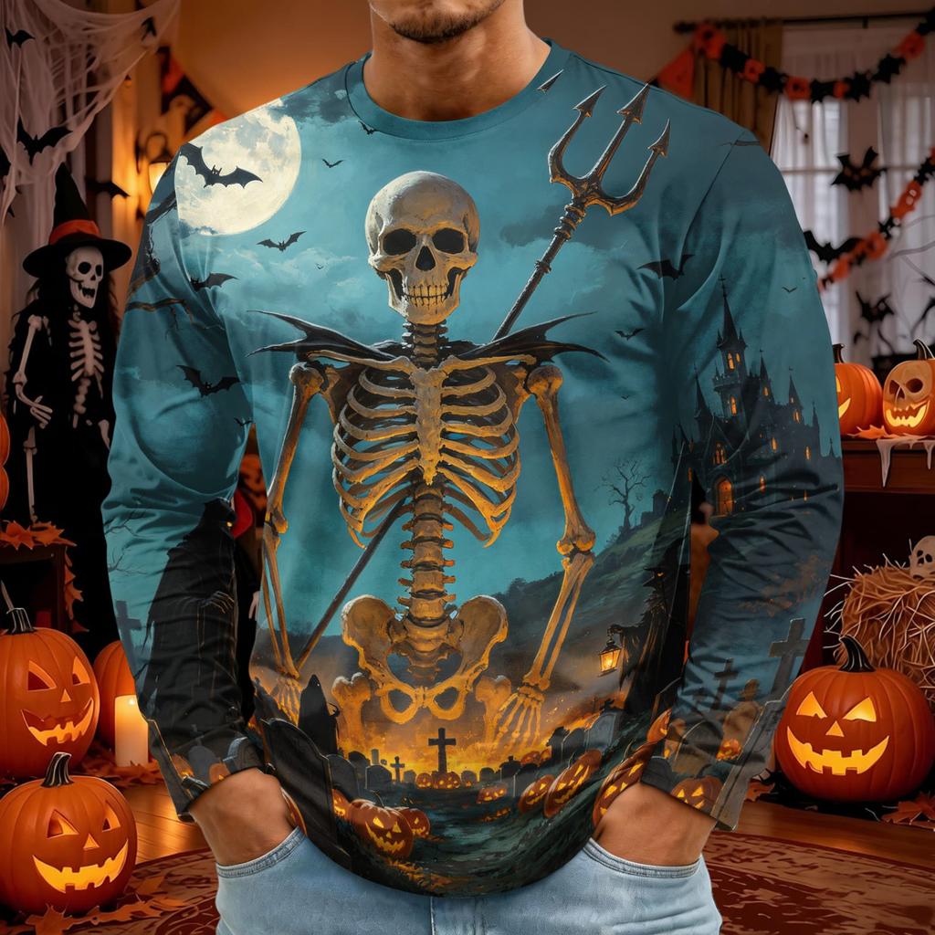 Men's Halloween Printed Long Sleeve Neck T-Shirt for Costume Party