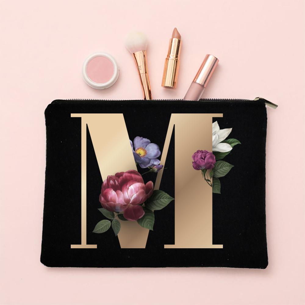 Alphabet Floral Makeup Bag Bridesmaid Maid of Honor Holiday Wedding Bachelorette Party Gift Canvas Cosmetic Zipper Storage Pouch