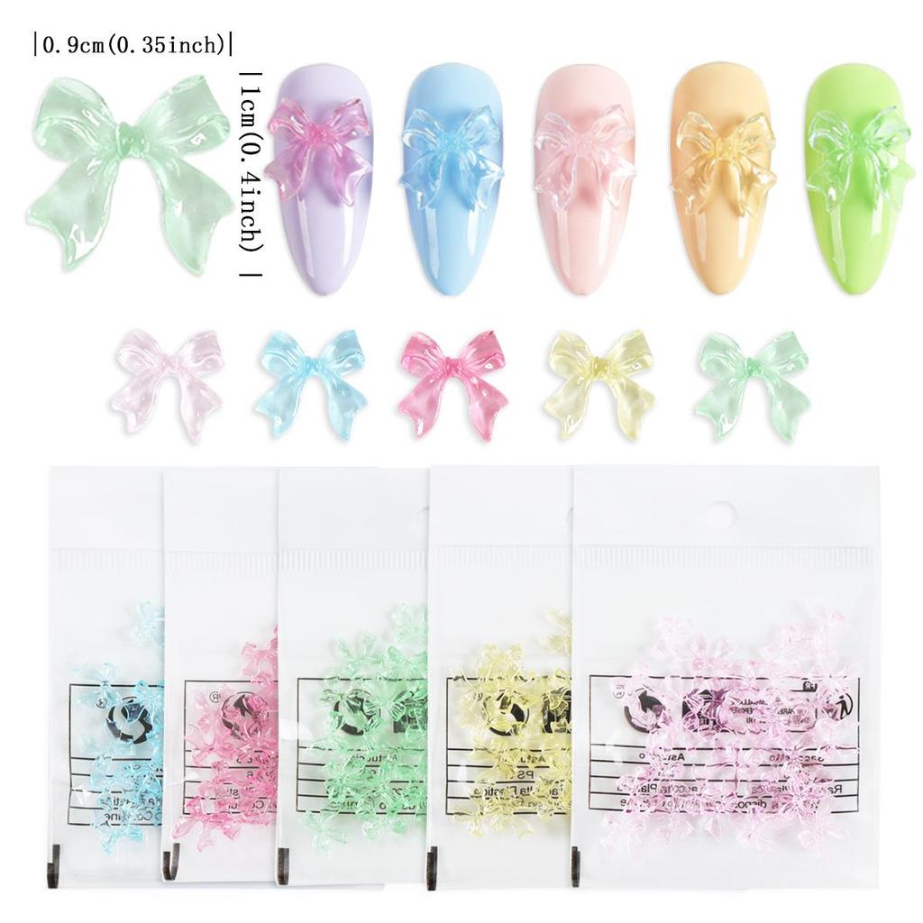 1Bag Pink Candy Ribbon Bows 3D Nail Charm Transparent Jelly Color Summer Nail Decoration Accessories DIY Manicure Decor Parts