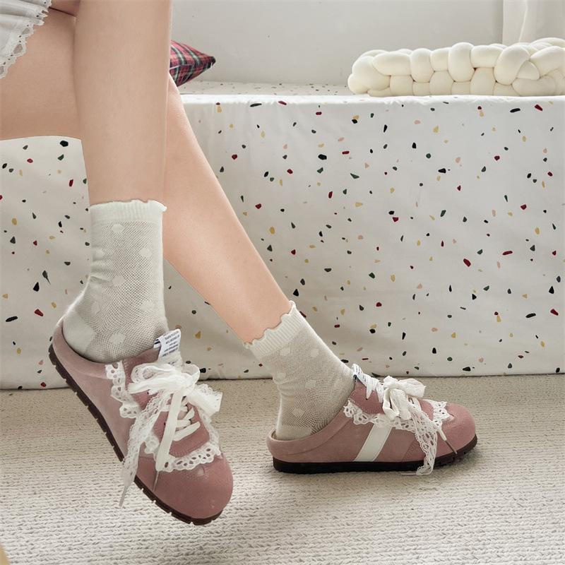 Lace retro versatile soft-soled bag head thick-soled slippers summer outer wear inner height increase half-drag single shoes