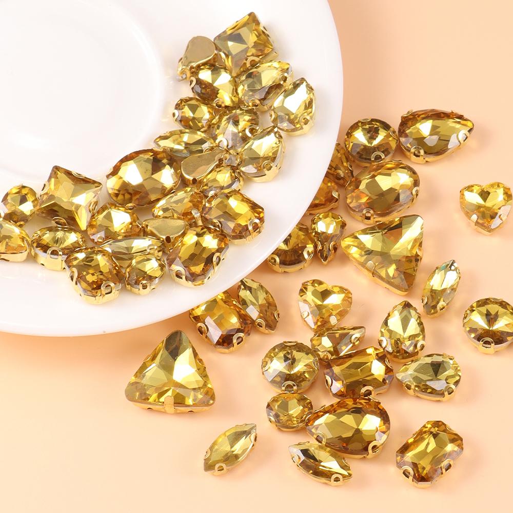 Mixed size glass rhinestone with claw cut diamond on stone bar, K gold base metal crystal, used for embroidery 50 pieces/pack