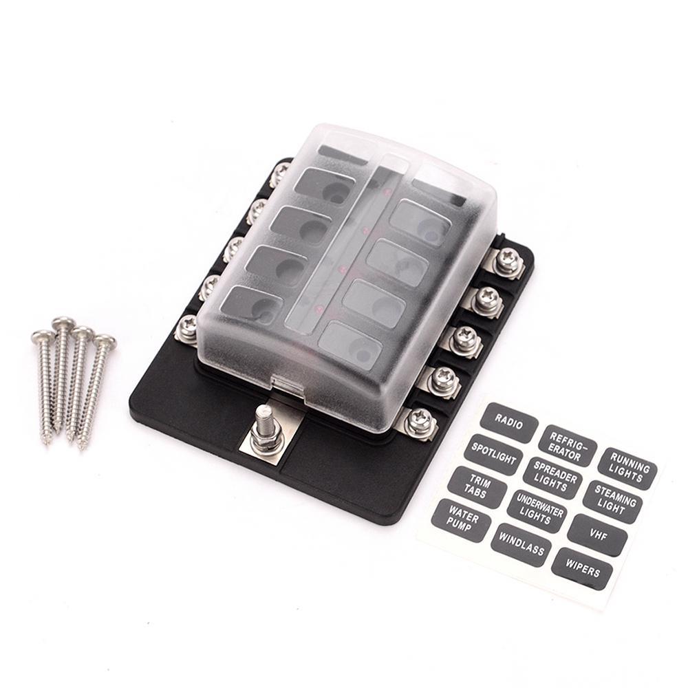 10 Way Blade Fuse Box Holder Fuse Blocks with Red LED Indicator 10Pcs Fuses 10Pcs Terminals for Car Boat Marine Caravan