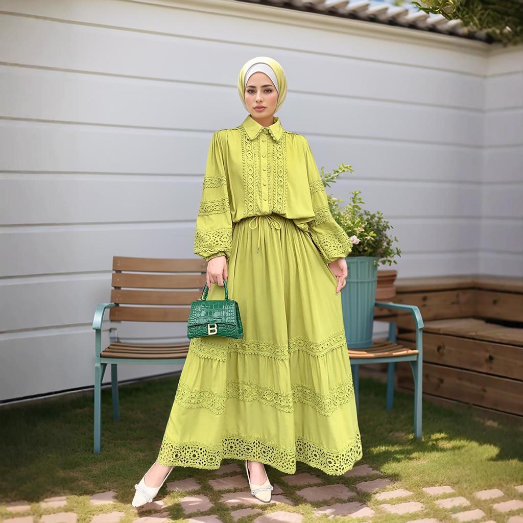 M276# Middle East Lace Applique Shirt & Loose A-line Long Skirt Set for Women
