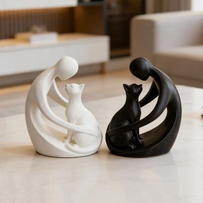 Minimalist Abstract Human And Cat Figurine Modern Decorative Men Women Cat Statue for Home Office Table Shelf Desk Entryway Decor