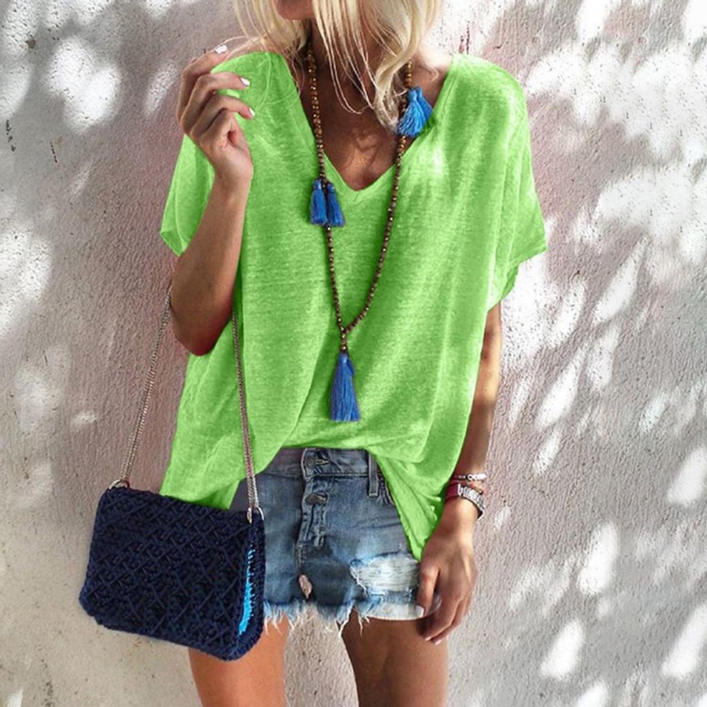 Summer Candy Color Plus Size Loose V-neck Short Sleeve T-shirt for Women Casual Light Streetwear Top