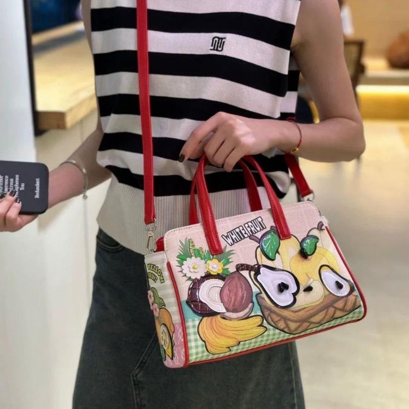 High-end PU Leather Women's Handbag Practical Front Back Two-side Use Ladies Crossbody Bag Fashion Splicing Fresh Sweet Fruit Embroidery Messenger Bag