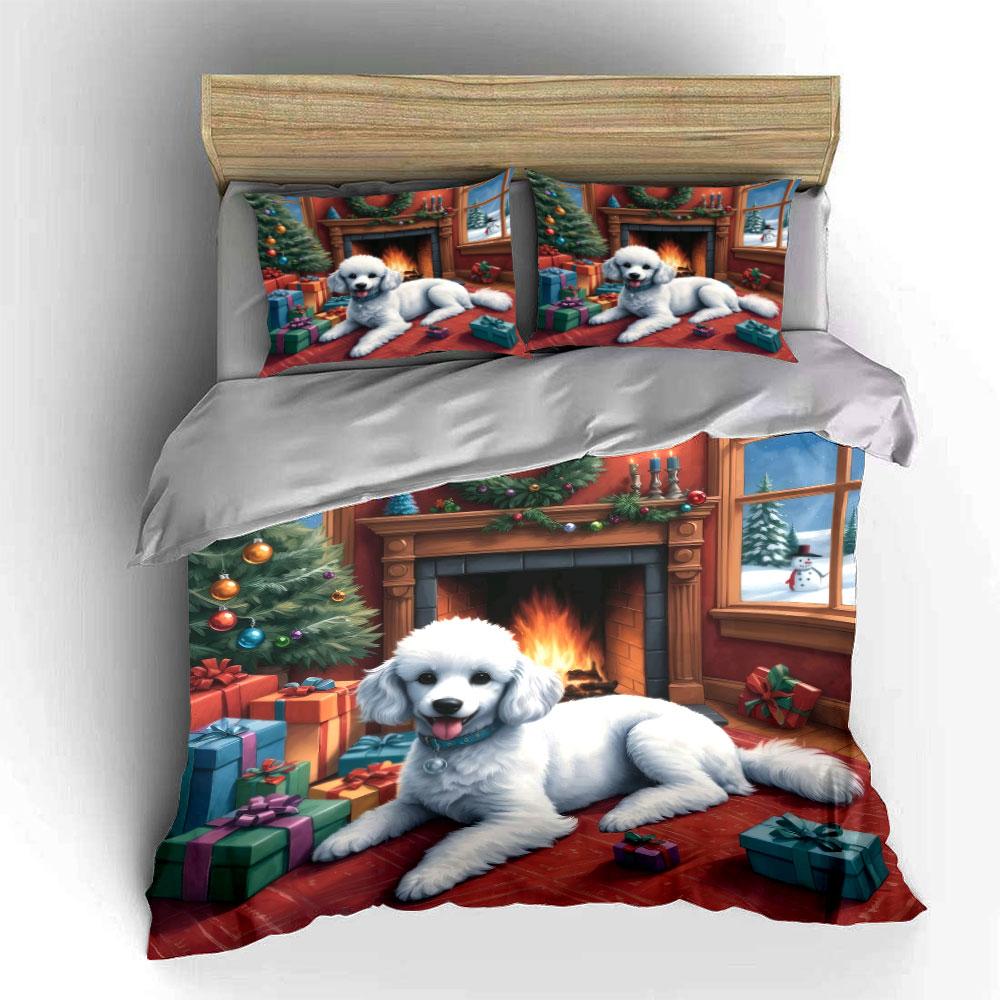 Festive Poodle and Gifts Scene Bedding Duvet Cover Set (1*Duvet Cover 2*Pillowcases, without duvet insert)