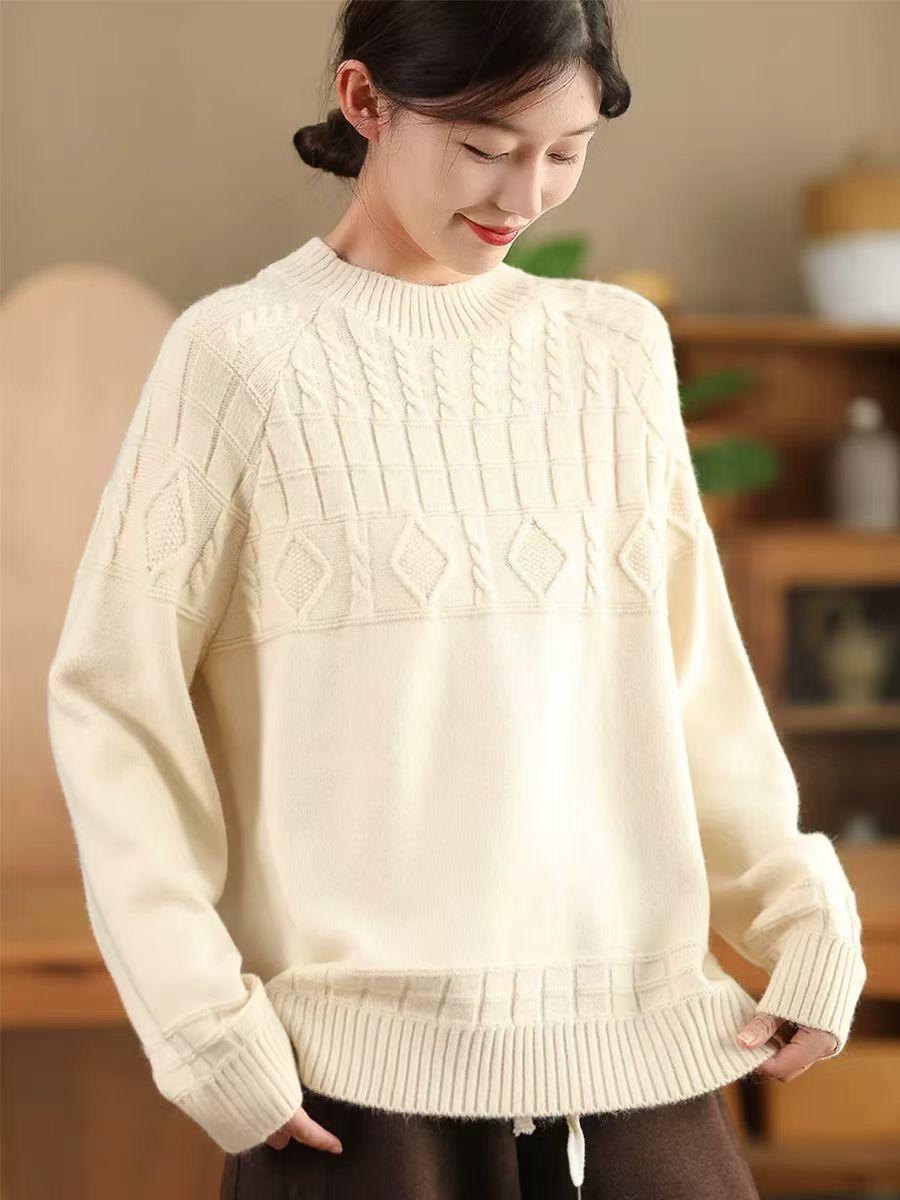 Johnature Женский зимний нишевый винтажный свитер с круглым вырезом и длинными рукавами в китайском стиле однотонный свободный модный свитер One Size бежевый 3289₽