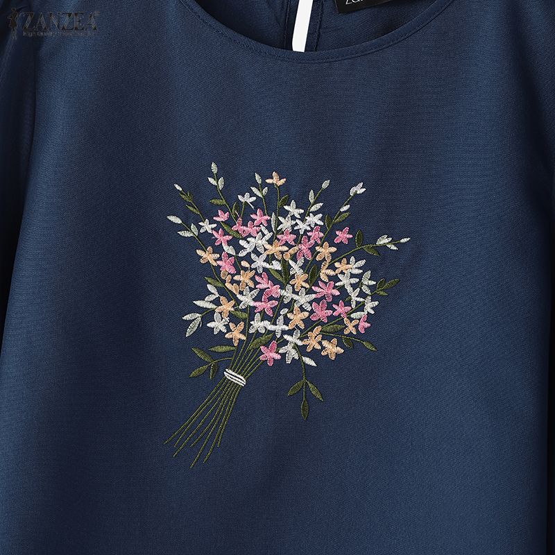 ZANZEA Women Casual Round Neck 3/4 Sleeve Floral Embroider Blouse