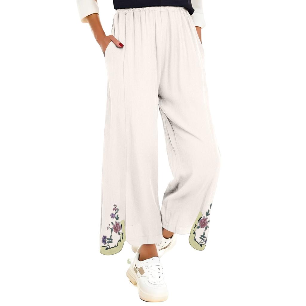 Damen Sommer Einfarbig Stickerei Dekoration Baumwolle und Leinen Lose Neun-Punkt-Hose