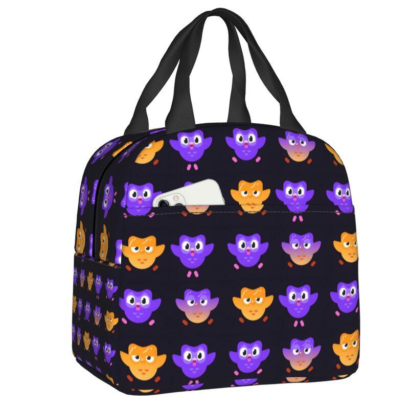Custom White Clouds D-Duolingos Insulated Lunch Bag for Women Leakproof Green Owl Cooler Thermal Bento Box Office Picnic Travel 22x20x13cm