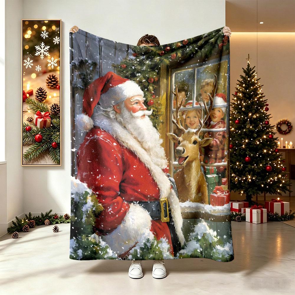 230g Flannel Fleece Blanket Christmas Santa Claus Classic Pattern Soft Warm Cozy Winter Holiday Blanket