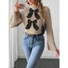 Women's Short Cropped Top Knitted Sweater with Bowknot Patchwork Flared Sleeves Half Turtleneck Pullover Sweater for Women