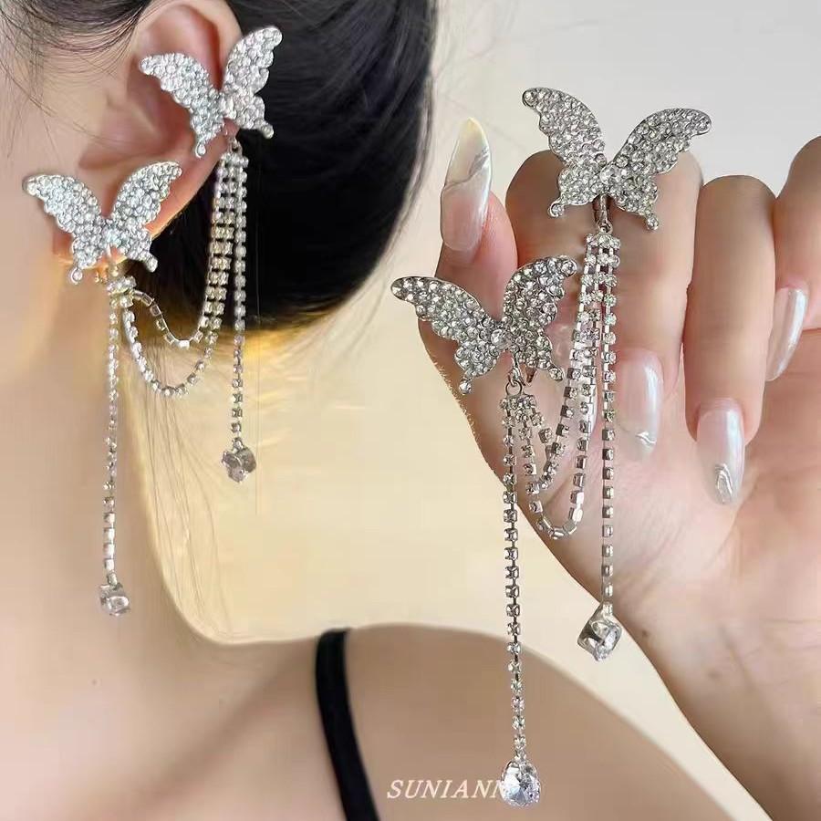 Super fairy exquisite butterfly fringed earbone clip female light luxury temperament niche elegant ear hanging bridal wedding earrings accessories