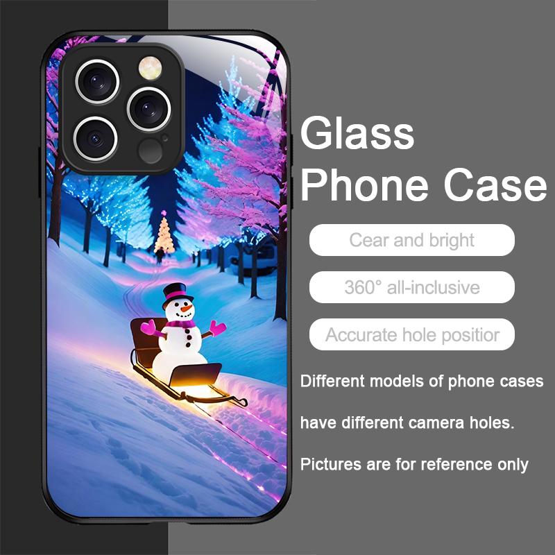 Cute Winter Snowman Christmas Tree Tempered Glass Phone Case for iPhone 17 16 Pro Max 15 14 13 12 Mini 11 X XS XR 7 8 Plus Cover