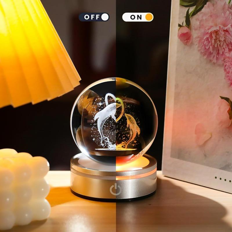 Glob de cristal cu delfin și inimă gravat cu laser 3D, lumină de noapte romantică cu LED, figurine animale marine, decor, lampă sferă de sticlă, cadouri