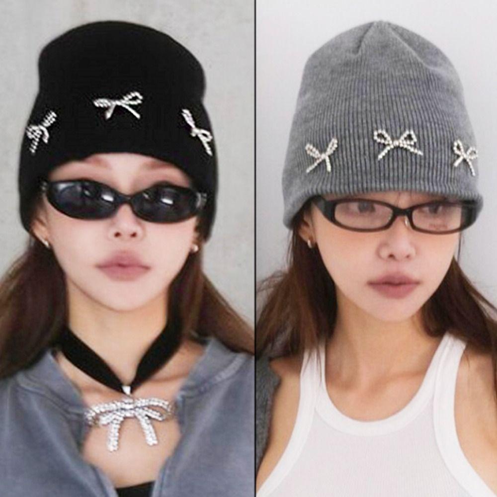 

Жемчужная шапка-шапка с бантом, зимняя шапка, вязаная шапка с милым бантом, теплая