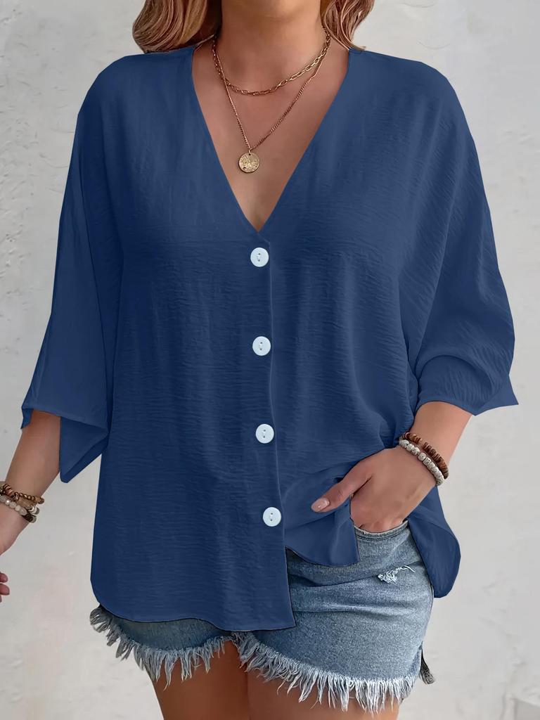 Spring/Autumn 2025 Women's V-neck Ice Silk Wrinkled Cardigan, Solid Color, Three-Quarter Sleeve, Loose Fit