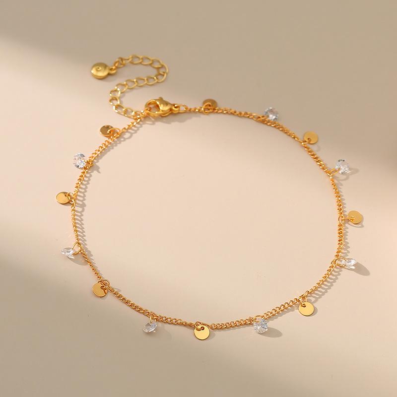 Women 18k Gold Plated Zircon Round Disc Simple Versatile Anklet золотой