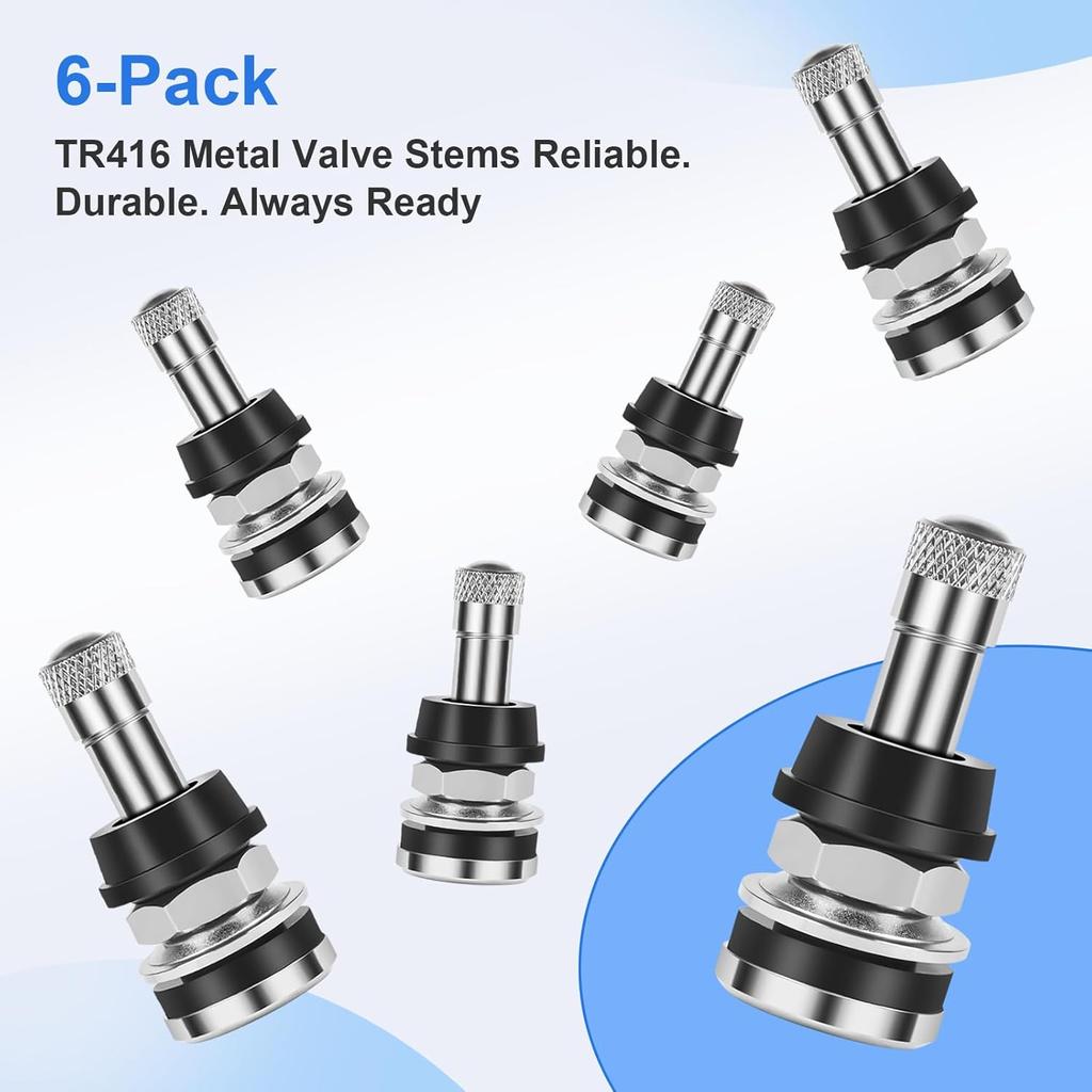 6-Pack TR416 Tire Valve Stems, High Pressure 200 PSI Tubeless Valve Stems, Brass Valve Stems, 1-1/2" Schrader Valve, Fits 0.453" & 0.625" Rim Holes